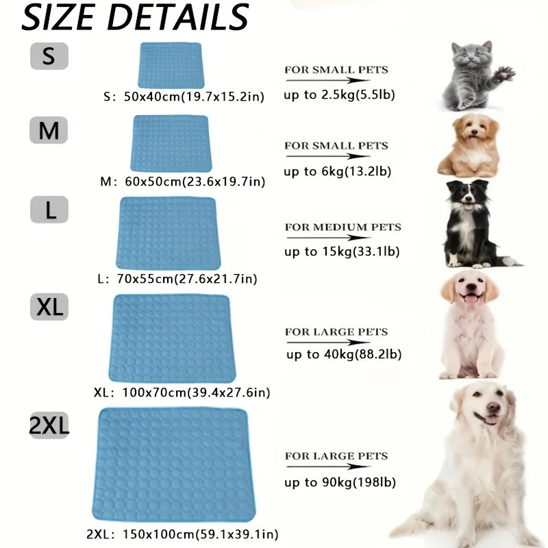 Size chart: XS 40x30cm to 2XL 150x100cm with recommended pet weights from 2.5kg to 90kg
