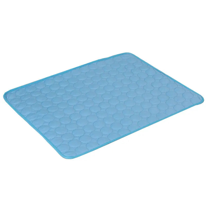 Blue ice silk dog cooling mat, quilted cool-touch surface, top view on white background