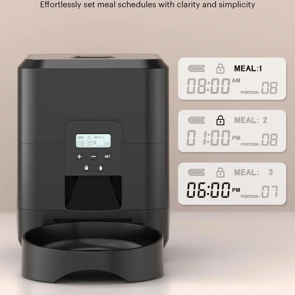 LCD display close-up showing programmable meal times and portion settings