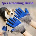 Blue silicone pet grooming gloves covered in removed fur, corgi in background