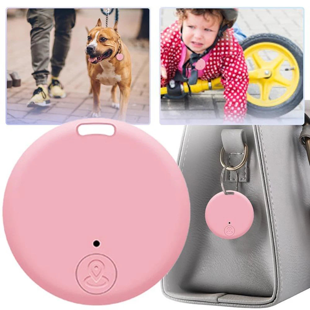 Pink round Bluetooth anti-lost tracker shown on a handbag and a dog collar