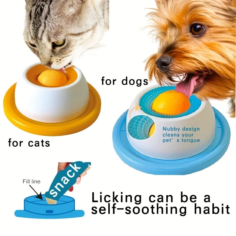 Cat and dog using textured licking bowls as calming slow feeders