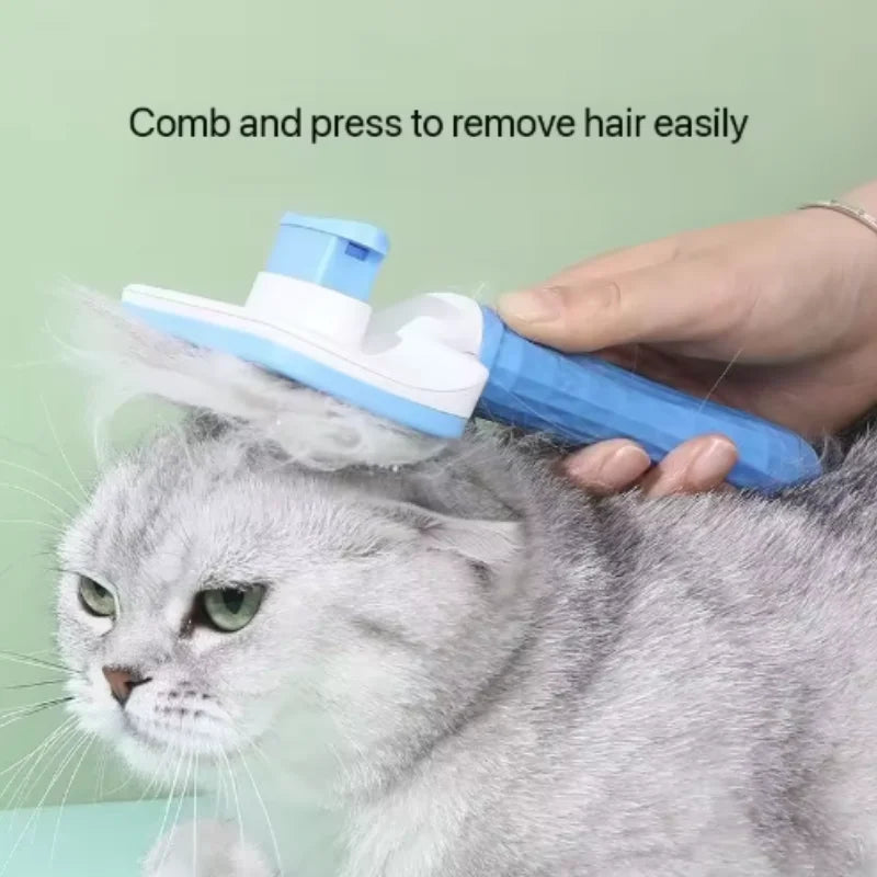 Self-cleaning slicker brush grooming a grey cat with one-click hair release