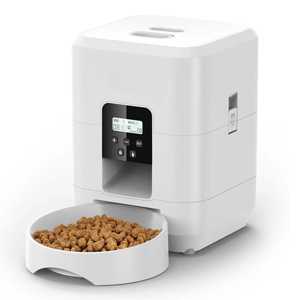 White button-model automatic pet feeder with LCD timer and food bowl