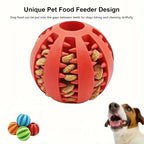 Red rubber dog treat ball with kibble hidden in the grooves; five colors shown