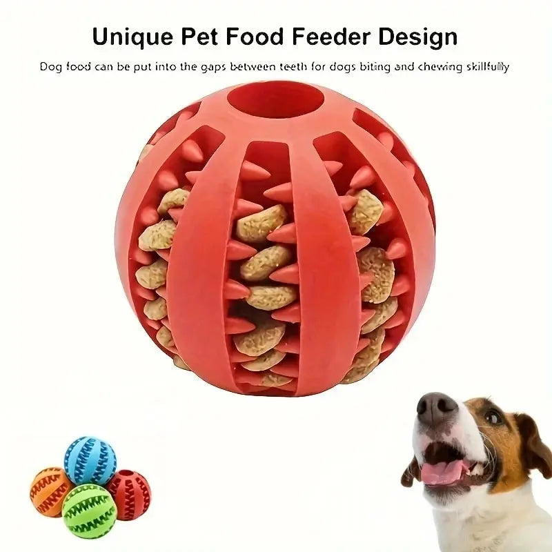 Red rubber dog treat ball with kibble hidden in the grooves; five colors shown