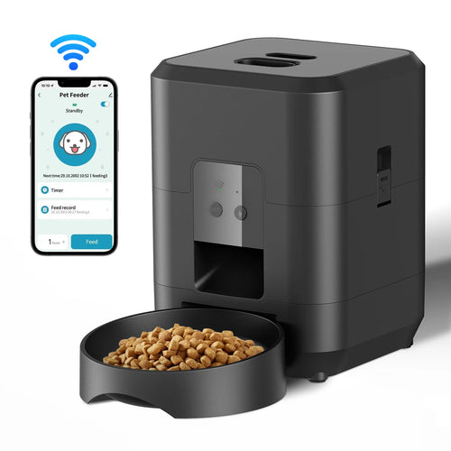 Black WiFi automatic pet feeder with smartphone app control and full food bowl